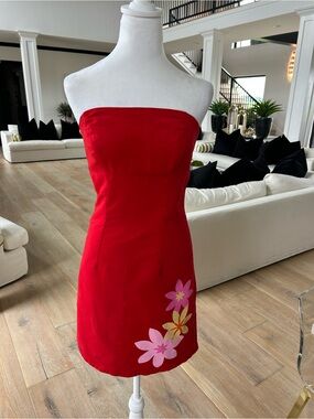 Strapless Red/Pink Reversible Floral Mini Dress
